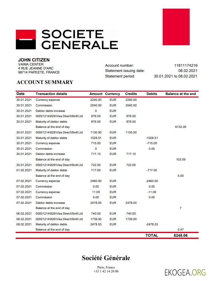Relevé bancaire France Société Générale